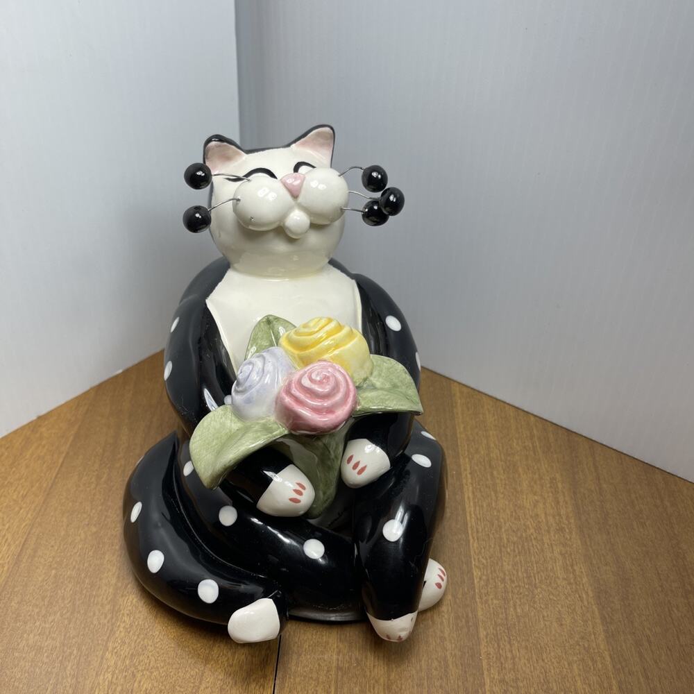 Vintage Amy Lacombe Cat Figurine Black White Polka Dot Flower 2001 Whimsiclay